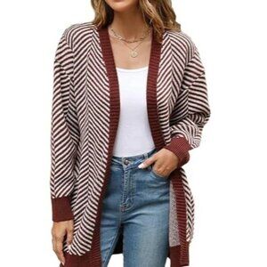 Fortune + Ivy Women's Chevron Striped Duster Cardigan Brown Ivory Size M NWOT